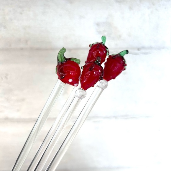 Glass Swizzle Stir Sticks Lot Of 4 Strawberries Hand Blown Art Strawberry - Picture 2 of 8
